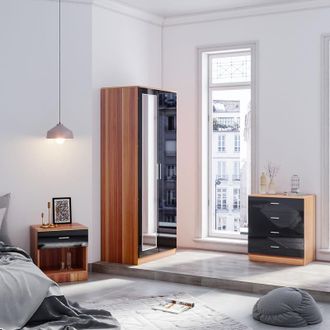 Elegant Lighting Modern Wardrobe and Cabinet Furniture Set Bedroom 2 Doors Wardrobe with Mirror and 4 Drawer Chest and Bedside Cabinet, Black/Walnut
