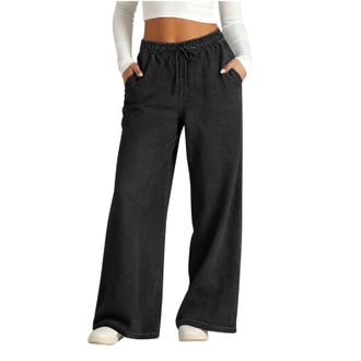 Generic Womens Stretch Denim Pants Elastic Drawstring Waist Pockets Trousers Loose Fit Casual Trousers for Fitness Soft Relaxed fit Loungewear and Trendy Ever