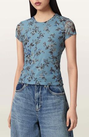 AllSaints Ellie Floral Mesh T-Shirt in Vine Lake Blue at Nordstrom, Size 12 Us