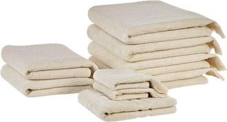 Beliani Beliani - Conjunto De 9 Toallas De Algod&oacute;n Beige Rizo Textura Borlas Decorativas Ba&ntilde;o Atiu