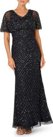 Adrianna Papell Beaded Cowl Neck Evening Gown in Midnight at Nordstrom, Size 6