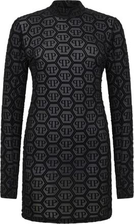 Philipp Plein Tulle Mini-jurk met lange mouwen Monogram Strass - Dames - Korte kleedjes - Zwart - L - Polyester - Kleedjes