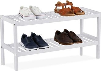 Relaxdays Relaxdays bamboo shoe rack, HxWxD: 33 x 70 x 26 cm, 2 tiers, holds 6 pairs of shoes, white shoe stand with shelves