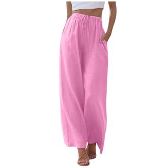 Generic Linen Trousers Womens Long Leg Summer Palazzo Pants High Waisted Wide Leg Pants Casual Ladies Summer Loose Fit Beach Trousers Flowy Elastic Waist (Pin
