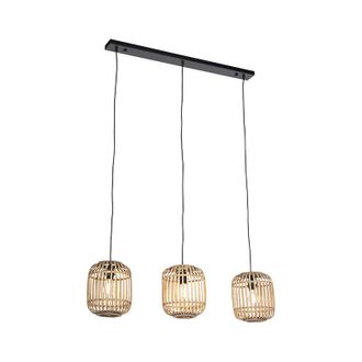 QAZQA Rústico Lámpara colgante rústica de ratán de 3 luces - Manila /Acero Cilíndra /Alargada /Redonda Adecuado para led Max. 3 x 60 Watt - Qazqa