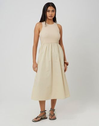Brave Soul Vestito midi in misto popeline e jersey a coste color crema-Bianco
