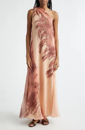 Johanna Ortiz Freedom Palm Print Metallic Silk Cr&ecirc;pe de Chine Maxi Dress in Ecru /Peach at Nordstrom, Size 4