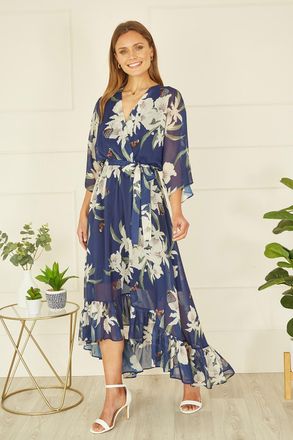 Yumi Womens Floral Print Navy Kimono Midi Wrap Dress - Size 18 UK
