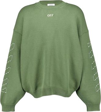 Off-white Groene Geborduurde-Logo Gebreide Trui - Heren - Ronde hals truien - Groen - S - Katoen - Truien & Vesten