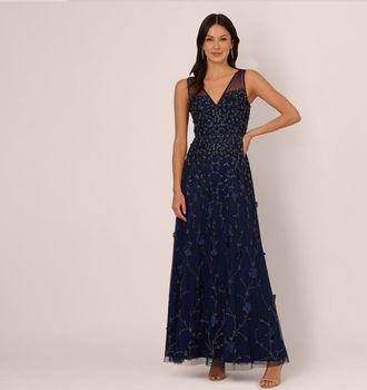 Adrianna Papell Sleeveless Illusion 3D Petal Beaded Gown In Light Navy