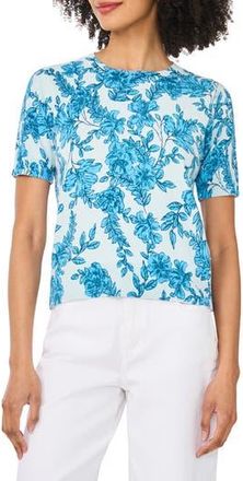 CeCe by Cynthia Steffe Printed Short Sleeve Cotton Sweater in Blue Cloud Floral at Nordstrom Rack, Size X-Large