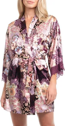 In Bloom by Jonquil Anna Printed Lace Trim Satin Wrap in Plum at Nordstrom, Size X-Small