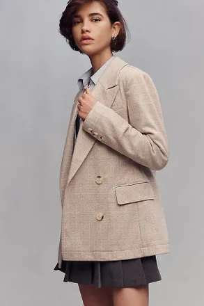 Avec Les Filles Double-Breasted Knit Plaid Blazer Jacket