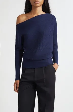 Reiss Lorna Off the Shoulder Rib Sweater in Navy at Nordstrom, Size X-Large