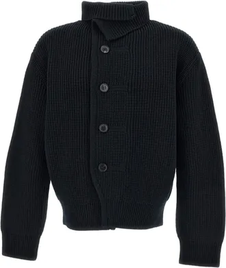 Dries Van Noten Heavy Ribbed-Knit Wool Cardigan with Asymmetric Button Closure