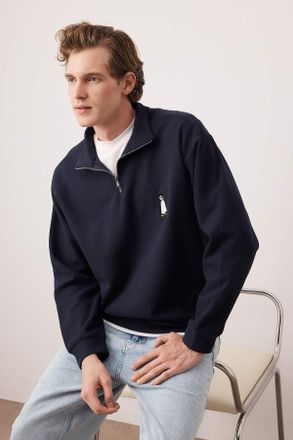 Trendyol MAN Heren Donkerblauw Dierenprint Lang Oversized Sweatshirts