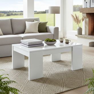 Dmora Dmora - Mesa De Centro Dgollin, Mesa De Centro Con Tapa Elevable, Mesa De Centro Para La Sala De Estar, 100x50h43/84 Cm, Blanco Brillante