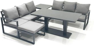 Fimous Fimous 7 Seater Aluminium Outdoor Garden Furniture Set with Adjustable Rising Lifting Dining Table 3 Seater Sofa Big Footstool 2 Side Tables Dark Grey