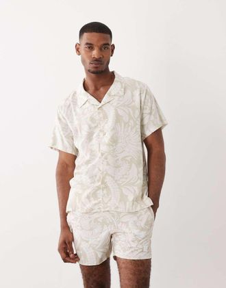 HUGO BOSS Boss - Piranha - Camicia beige con stampa di foglie in coordinato-Neutro