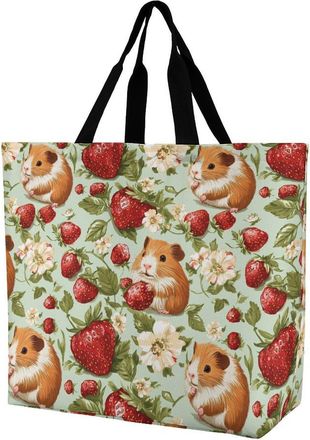 Generic Guinea Pigs with Summer Strawberries Reusable Shopping Bags Large Capacity Grocery Bag Heavy Duty Tote for Women 40x40x16cm