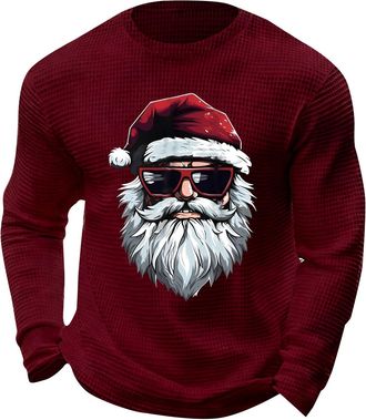 Generic DENGJIAMY Mens Christmas Waffle T Shirt Funny Xmas Santa Claus Graphic Tee Long Sleeve Men Holiday Clothes Plus Size Casual Round Neck Tshirt (Wine, X
