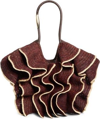 Zimmermann Medium Goldentime Ruffle Raffia Tote in Chocolate at Nordstrom