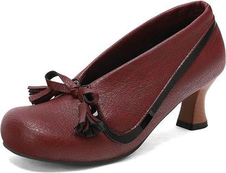Generic Womens Vintage Low Top Round Toe Kitten Heels Pumps Slip On with Bowknot Decor Comfort Versatile Brouge Shoes (Wine Red,7.5)