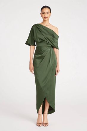 Theia Rayna One Shoulder Draped Gown In Moss Green