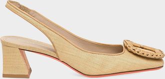 Santoni 50mm Lemon Raffia and Leather Slingback Pumps