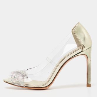 Stuart Weitzman Gold Leather And Pvc Crystal Embellished Open Toe Pumps
