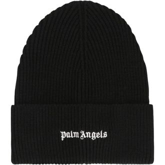 Palm Angels Accessoires, Heren, Zwart, ONE Size, Wol, Gebreide muts met logo