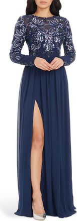 Dress The Population Marth Sequin Long Sleeve Chiffon Gown in Navy Multi at Nordstrom, Size Xx-Large