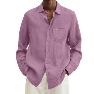 Generic Linen Shirt Mens Long Sleeve Summer Shirt Stand-Up Collar Linen Shirts Men Regular Fit T-Shirt Comfort Fit Lightweight Beach Shirt Mens Shirts Non-Iro