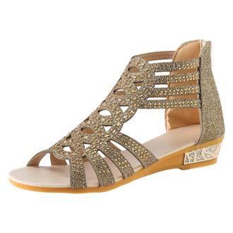 Generic Womens Bling Rhinestone Decorating Sandals Casual Shoes Back Zip Open Toe Slide Sandals Shoes Women 43, gold, 6 UK