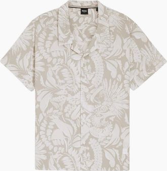 HUGO BOSS Mens Straight Fit Patterned Beach Shirt - Cream - Size: 40/Regular