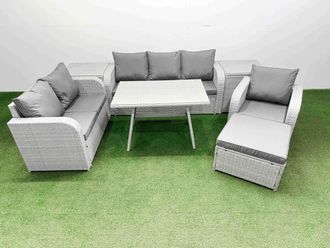 Fimous Patio Dining Table & Chairs Sets with Reclining Chair 2 Side Tables in Light Grey