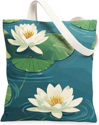 Generic Spring Water Lily Canvas Tote Bag for Shopping 13x15, Abstract Fun Pond Lotus Leaves Reusable Grocery Print Bag for Women, Cute Floral Beach Aesthetic