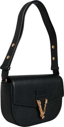 Versace Womens Black Grainy Calf Leather Logo Crossbody Shoulder Bag