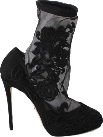 Dolce & Gabbana Dames Zwart Rozen Stilettos Laarsjes Sokken Schoenen