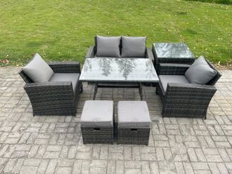 Fimous 6 Seater Outdoor Garden Furniture High Back Rattan Sofa Dining Table Set with SideTable 2 Small Footstools in Dark Grey