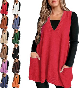 Generic Cozy Pocket Sweater Vest, Solid Color Oversized Sweater Vest, Womens Casual Sleeveless Ribbed V Neck Knit Vest (Red,3XL)
