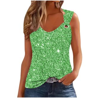 Generic Womens Sequin Tank Tops V Neck Sleeveless Sparkle Sparkly Glitter Party Top Sexy Ladies Disco Sequin Holiday Outfits/UK Size/Shipping 7 Days Green