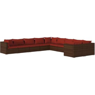 vidaXL Set Muebles De Jard&iacute;n 10 Piezas Cojines Rat&aacute;n Sint&eacute;tico Marr&oacute;n Vidaxl