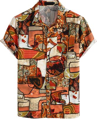 PARKLEES Mens Casual Linen Breathable Short Sleeve Button up Hawaiian Shirts Hipster 70s Hippie Tops Orange XXX-Large
