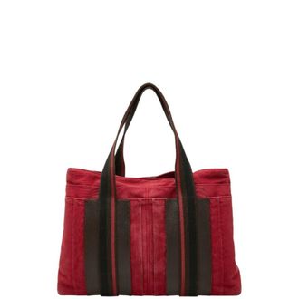 Herm&egrave;s Black Red Brown Canvas Handbag Tote Bag (Pre-Owned)