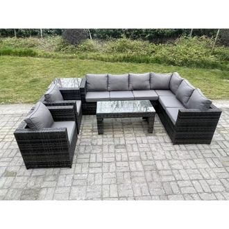 Fimous Fimous 8 Seater Rattan Corner Sofa Lounge Sofa Set With Rectangular Coffee Table Side Table 2 Arm Chair Dark Grey Mixed Right Hand