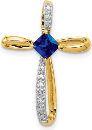 Diamond2Deal 14k Yellow Gold 4mm Square Lab Created Sapphire and Diamond Cross Slide Pendant