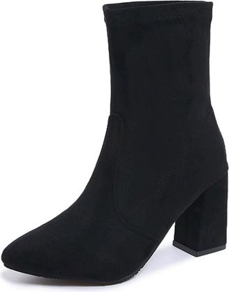 Generic Ankle Boots with Thick Heel and Pointed Toe for Women, Faux Suede Chelsea Boots, Non-Slip Vintage Short Booties for Evening Party (Black,6.5)