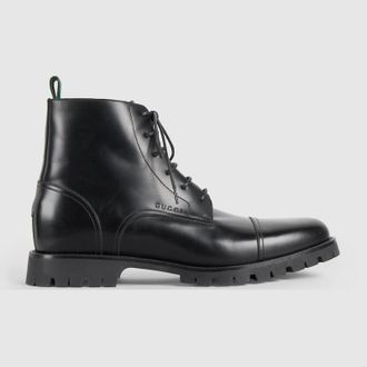 Gucci Mens Lace-up Ankle Boot With Web, Black, Leather