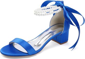 Generic Womens Low Open Toe Bridal Heels Chunky Heel Pearl Wedding Shoes Prom, Evening Party, Dress Pumps 4.5Cm,Royal Blue,10 UK